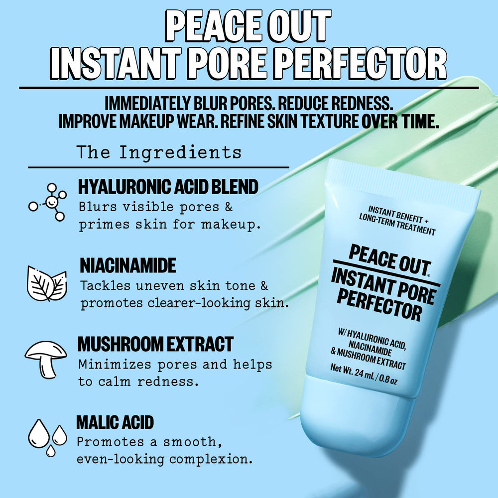 PEACE OUT Instant Pore Perfector in-hand demonstrates a lightweight silicone-free formula