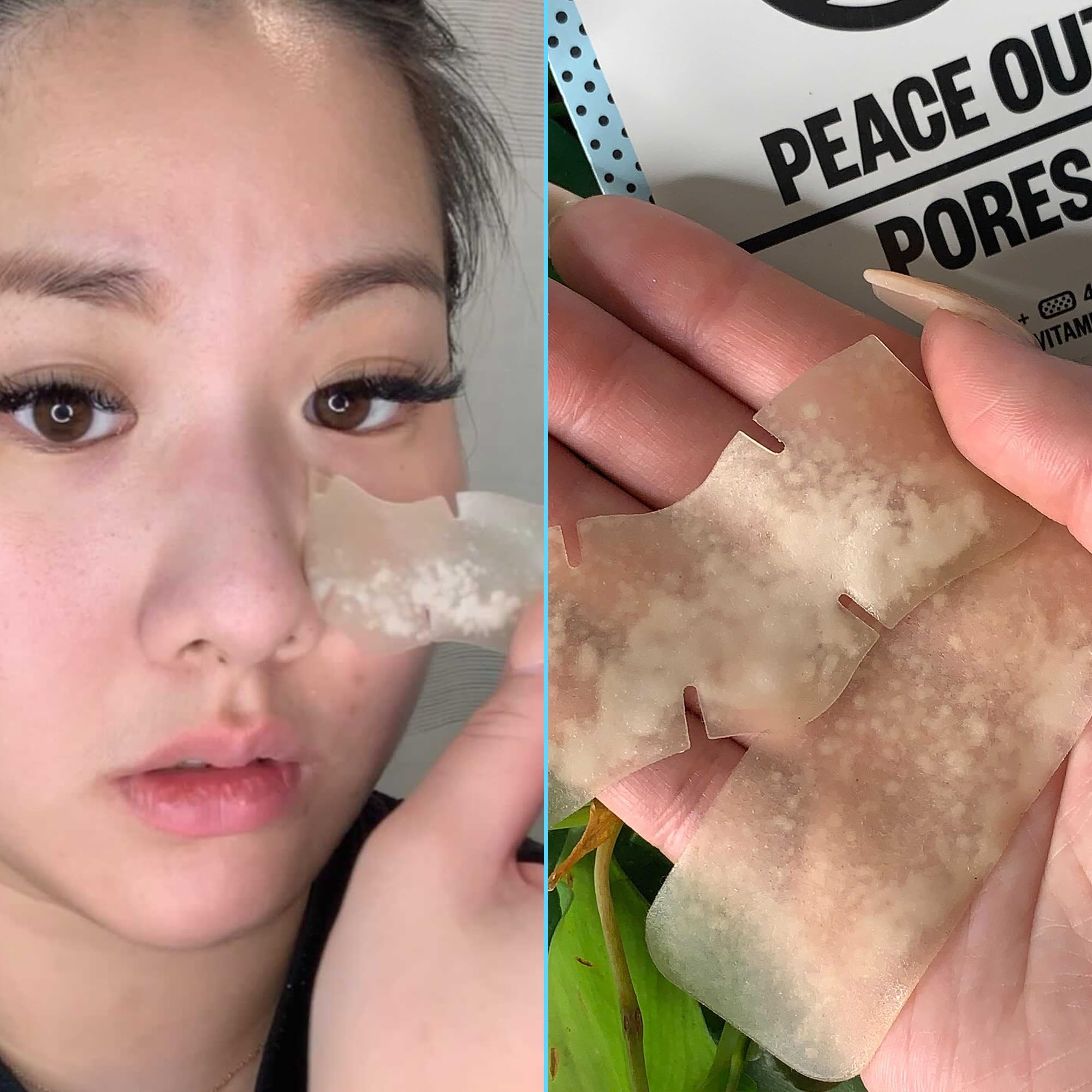 Peace Out Pores nose strip application shows easy adhesion and oil absorption.