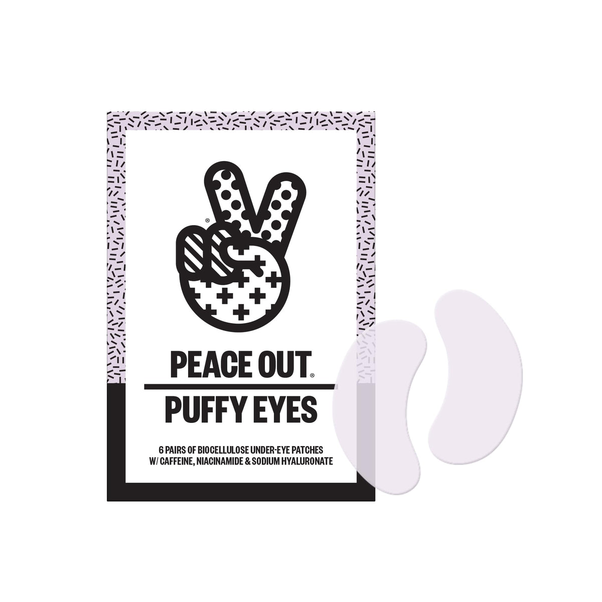 Peace Out Puffy Eyes patches in close-up, soothing biocellulose for refreshed, awake-looking eyes.