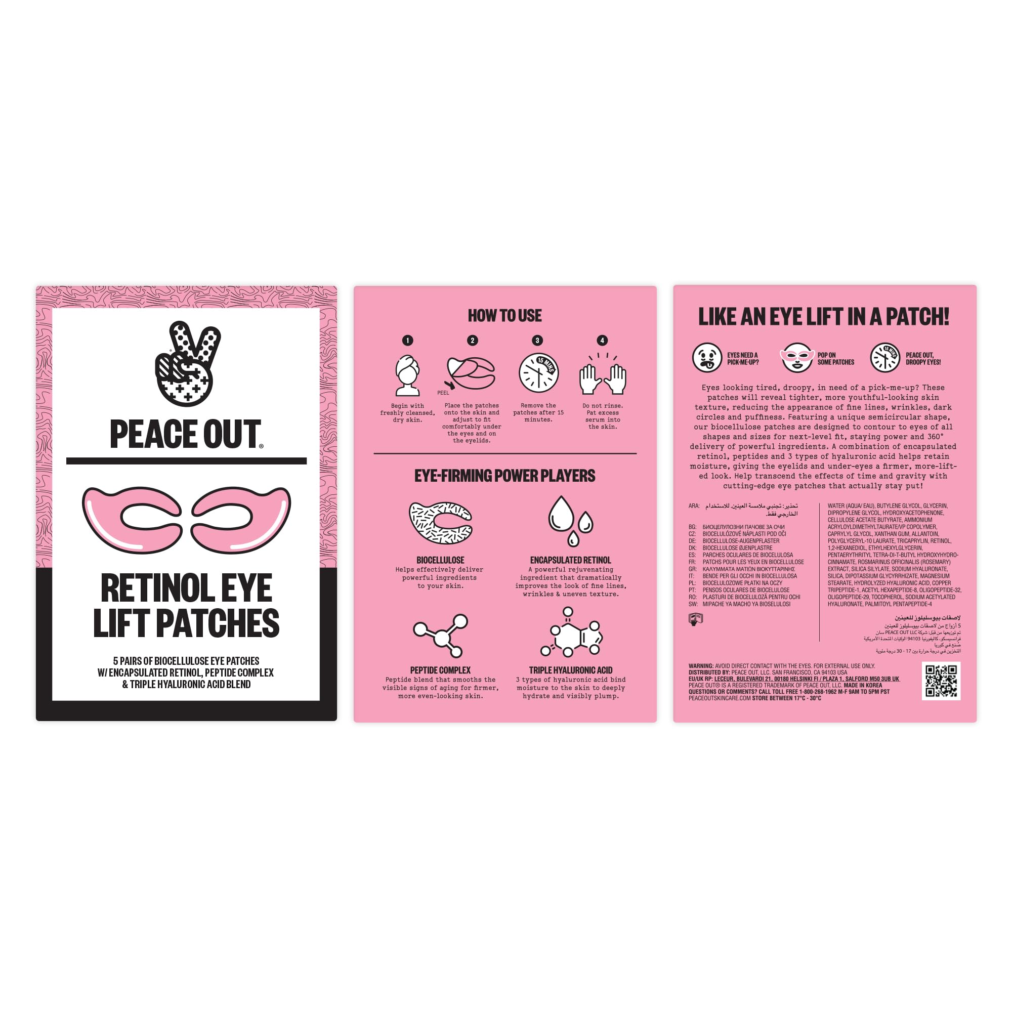Peace Out bio-cellulose matrix image emphasizes full-eye coverage and gentle adhesion