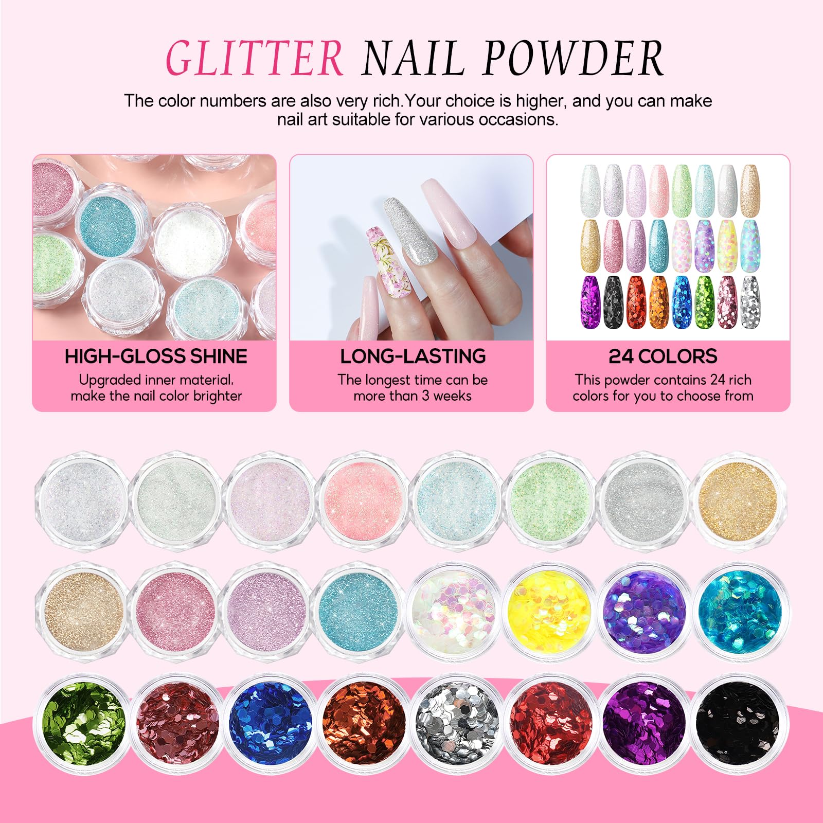 PEACECOLOR 24pcs glitter powder for decorative nail art