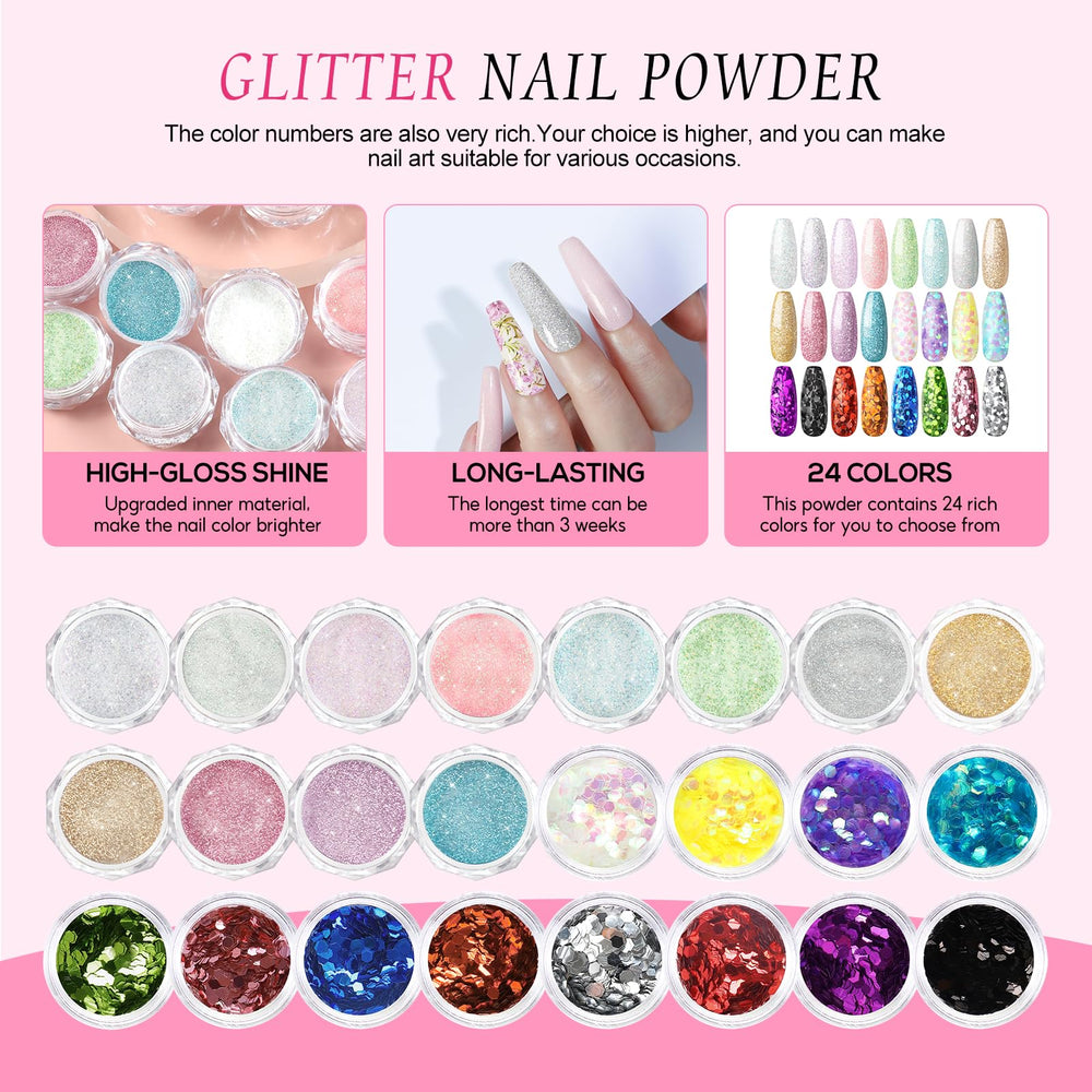 PEACECOLOR 24pcs glitter powder for decorative nail art