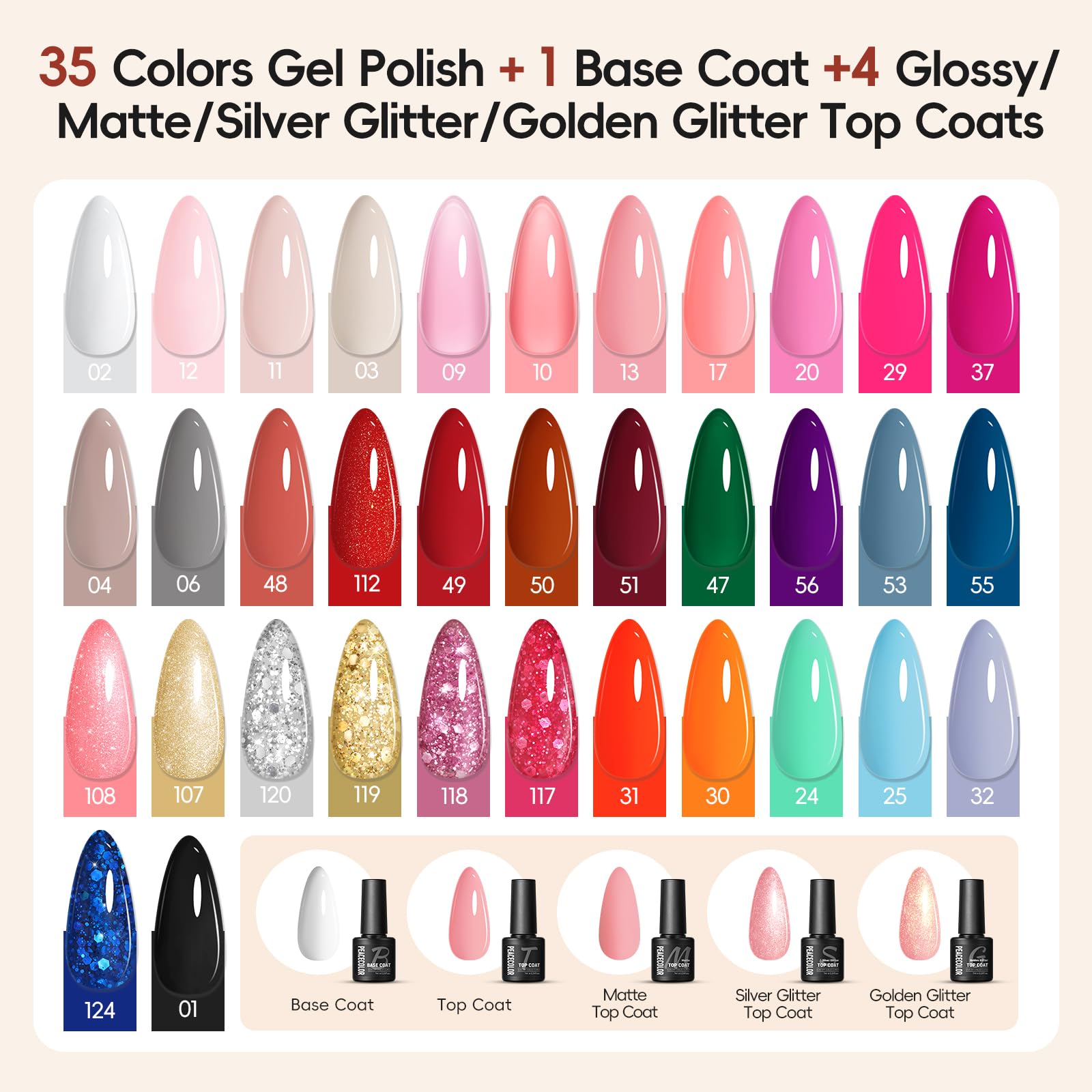 Peacecolor top coats in matte and glossy finishes for customizable looks.