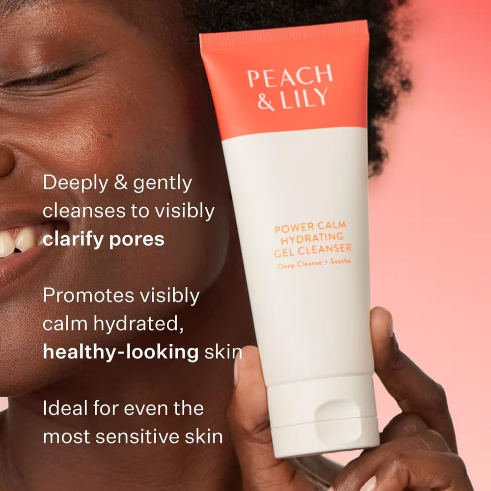 Peach & Lily Power Calm Gel Cleanser being applied to a hand for lathering.