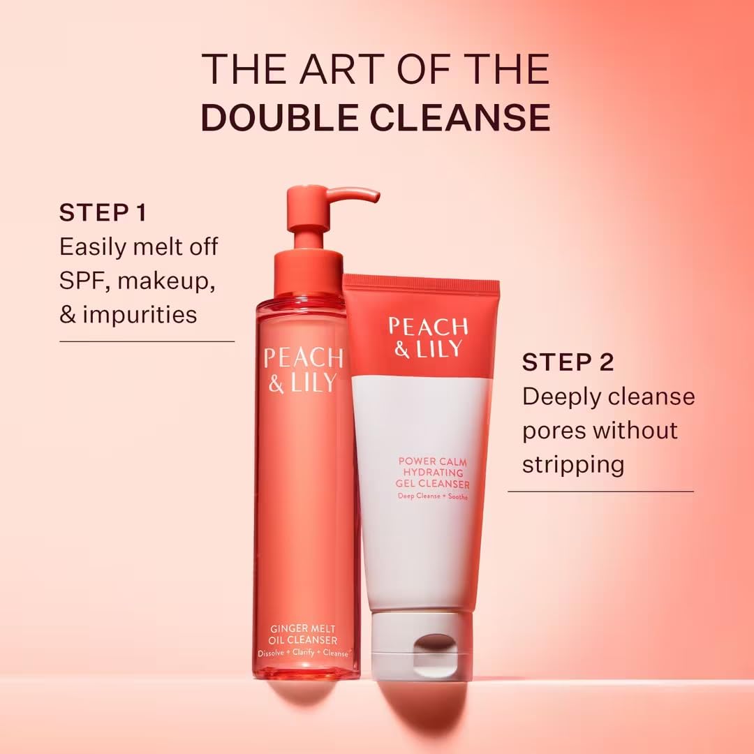Peach & Lily Power Calm Gel Cleanser indicating hydration benefits for skin.