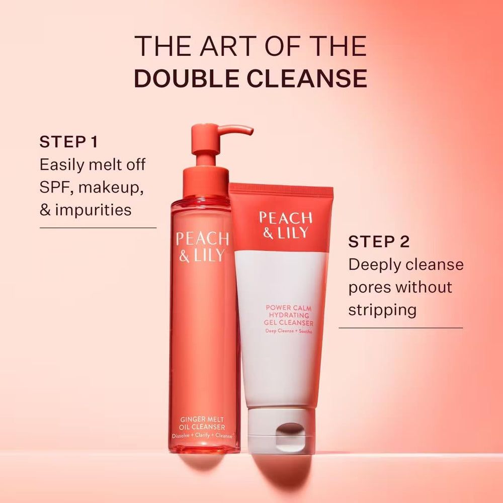Peach & Lily Power Calm Gel Cleanser indicating hydration benefits for skin.
