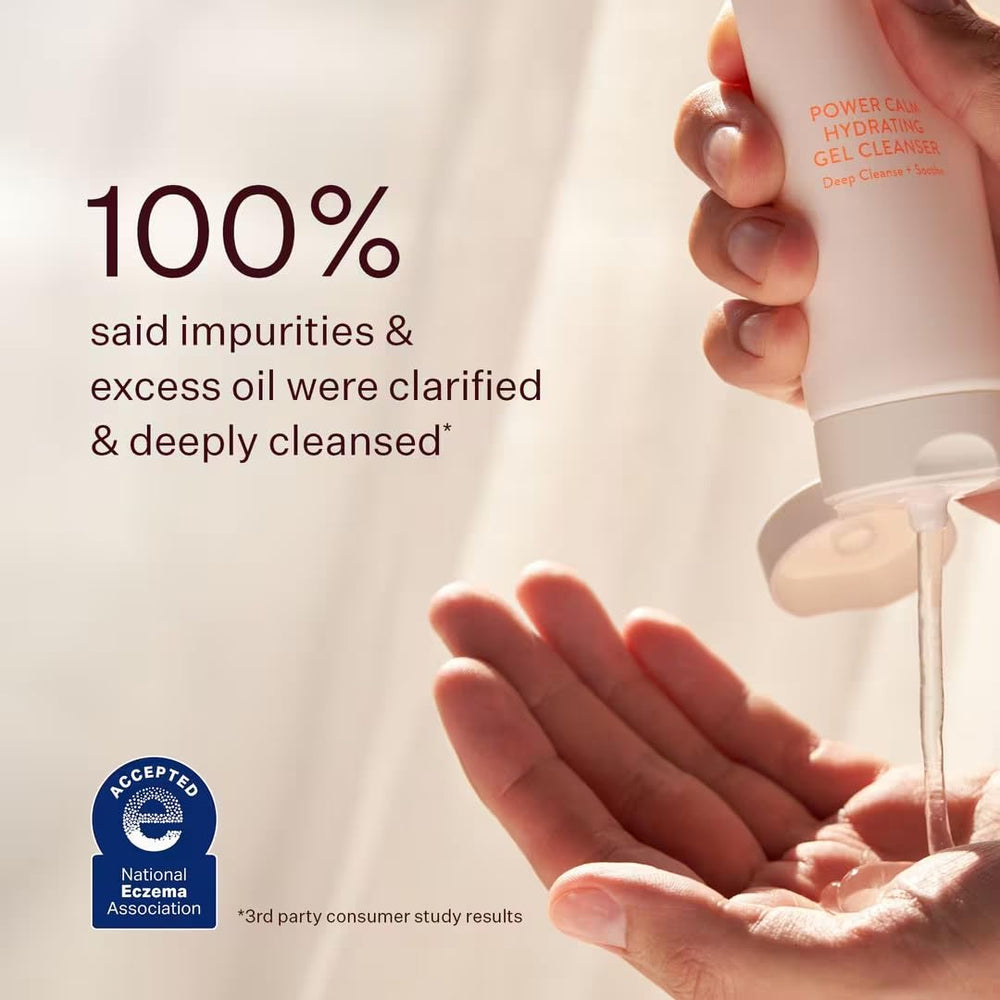 Peach & Lily Power Calm Gel Cleanser highlighting key soothing ingredients.