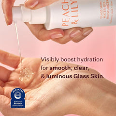 Peach & Lily water-gel moisturizer texture swirl highlights quick, refreshing hydration.