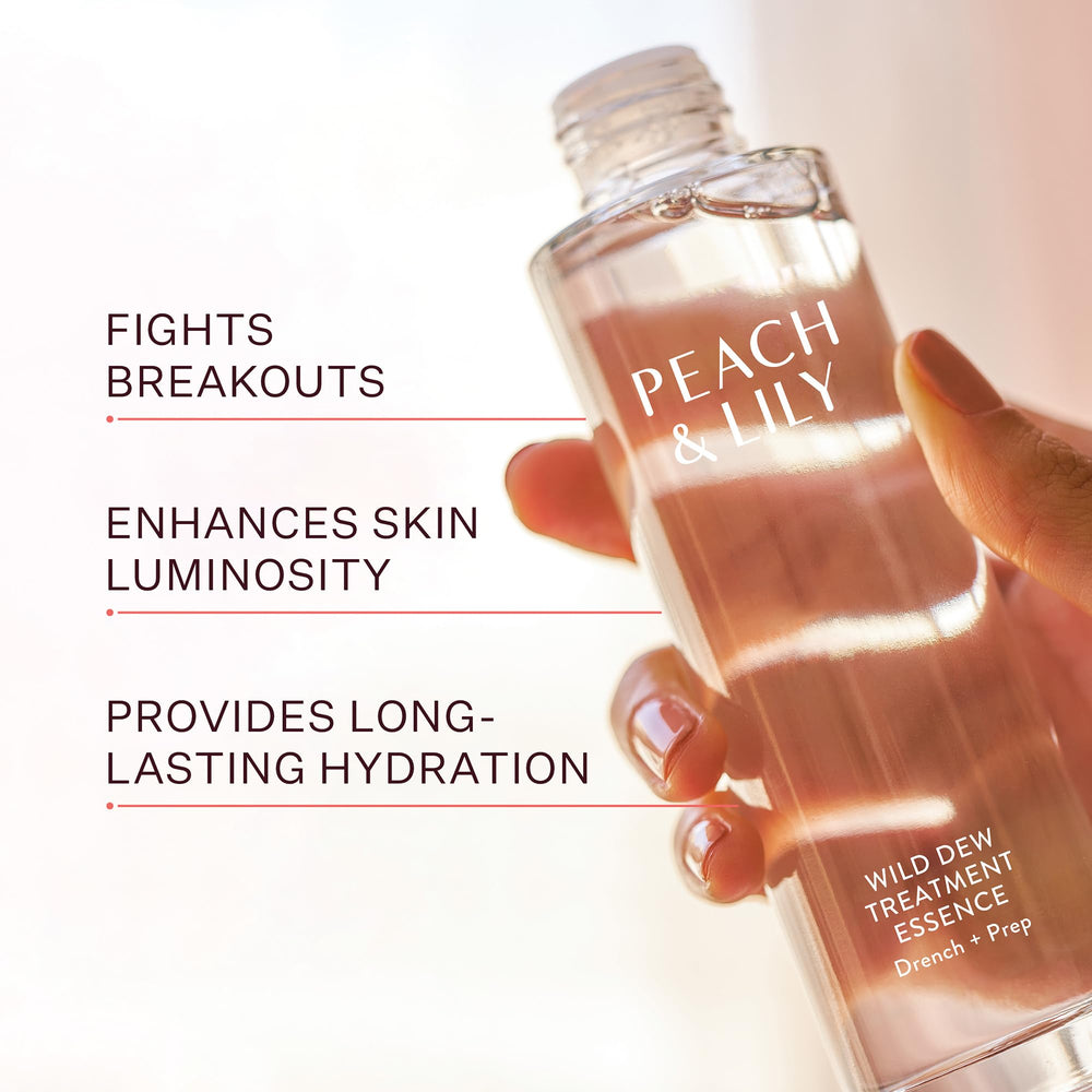 Peach & Lily Wild Dew Treatment Essence applied to skin for a dewy prep glow.