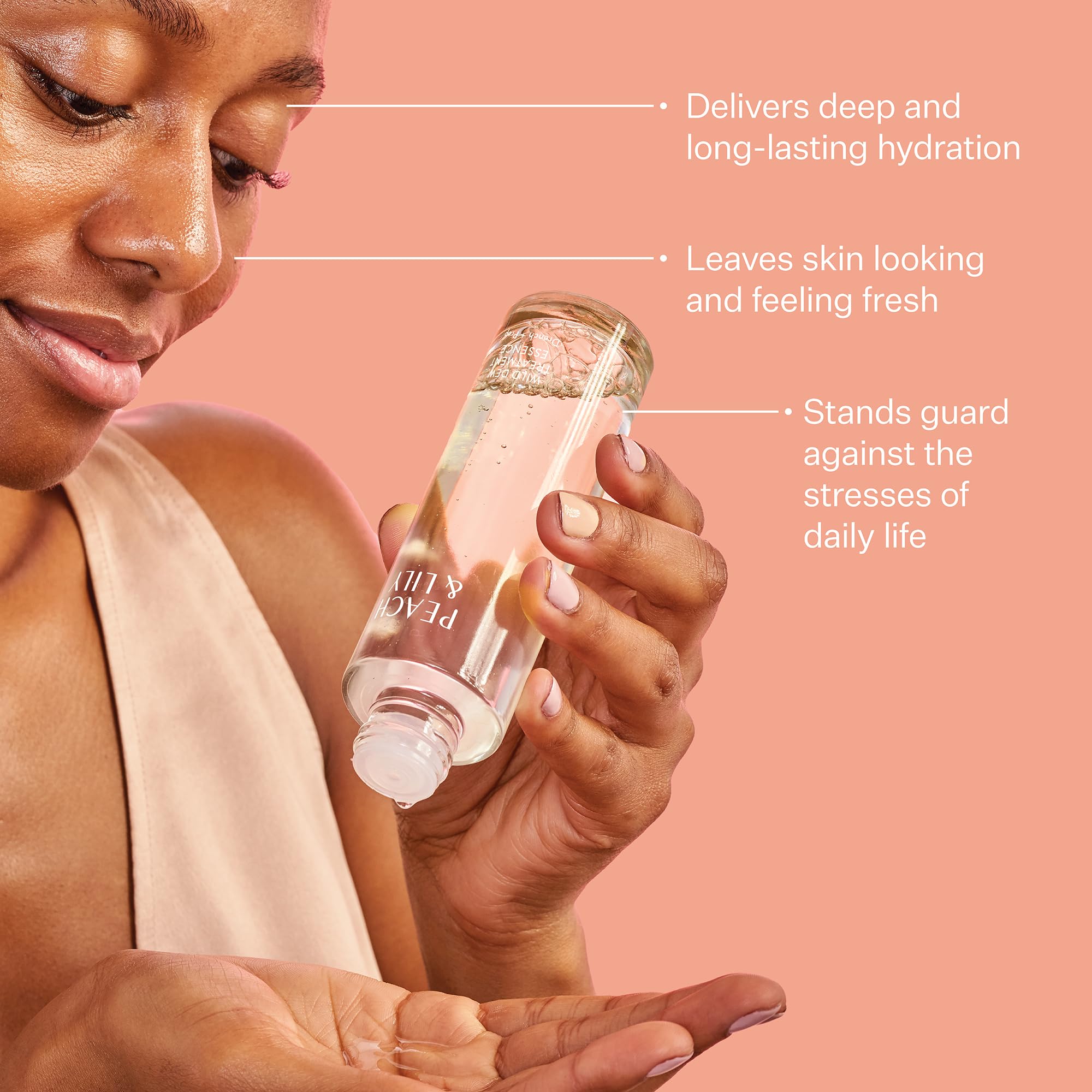 Peach & Lily Wild Dew Treatment Essence beside a skincare routine setup for prep.