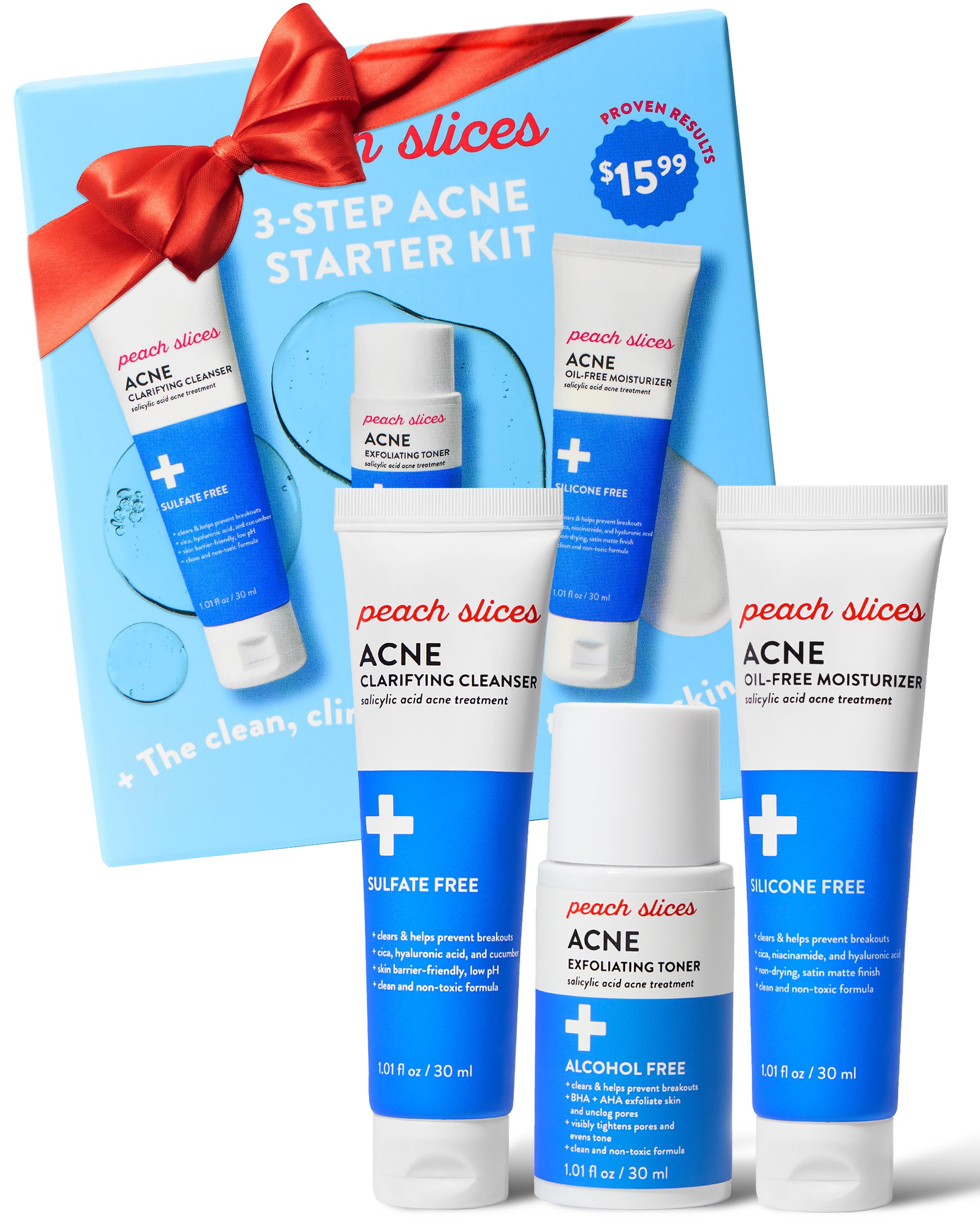 Peach Slices 3-Step Acne Starter Kit packaging—compact vegan system for clearer-looking skin.