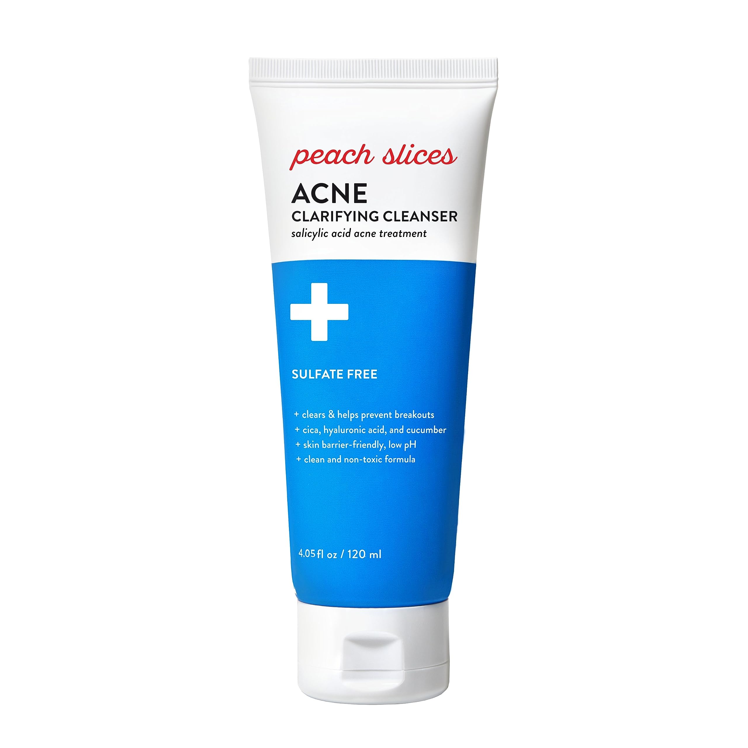 Peach Slices acne-clarifying-cleanser bottle shows 2% salicylic acid for gentle oil control