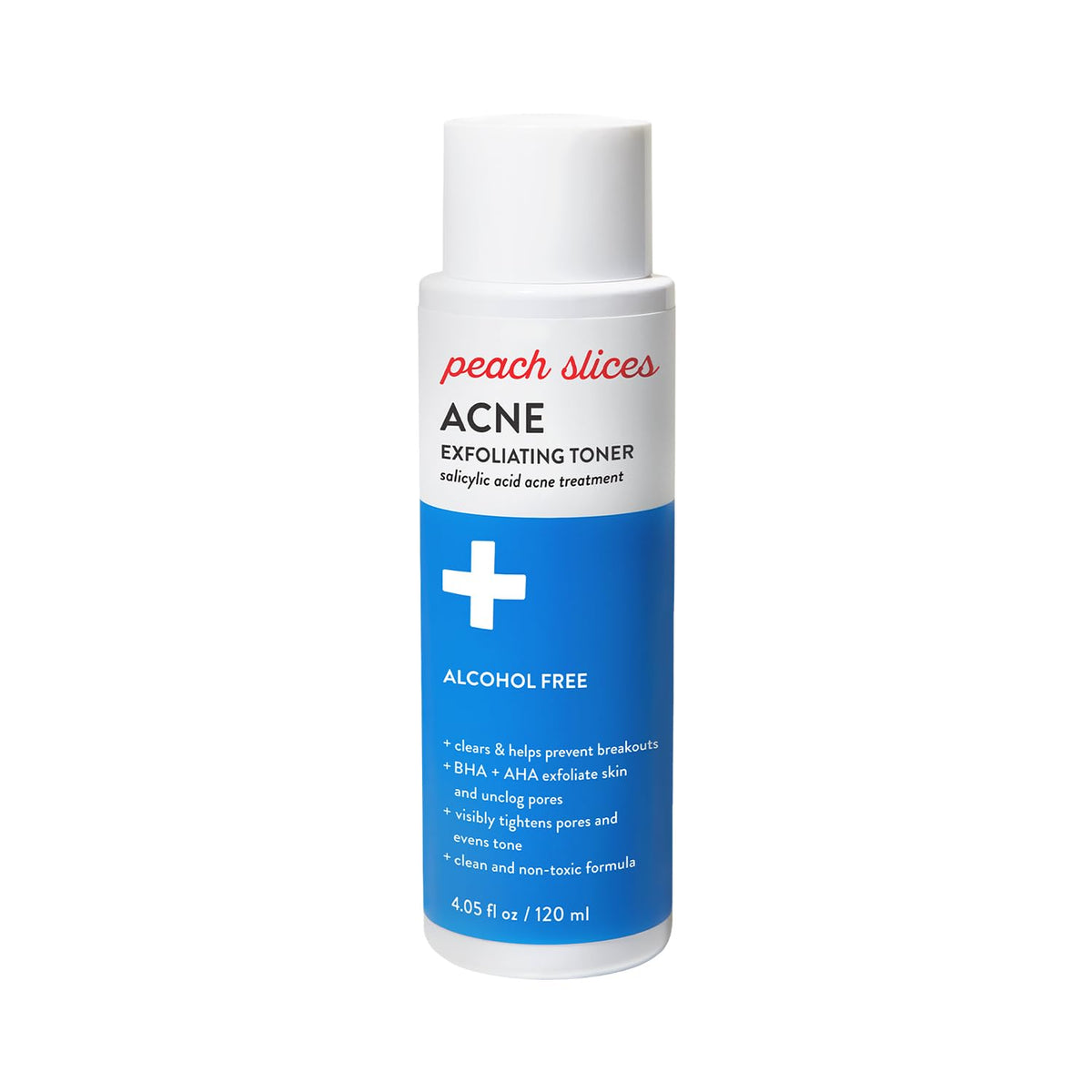 Peach Slices acne exfoliating toner bottle, promoting clear skin effortlessly for acne-prone users.