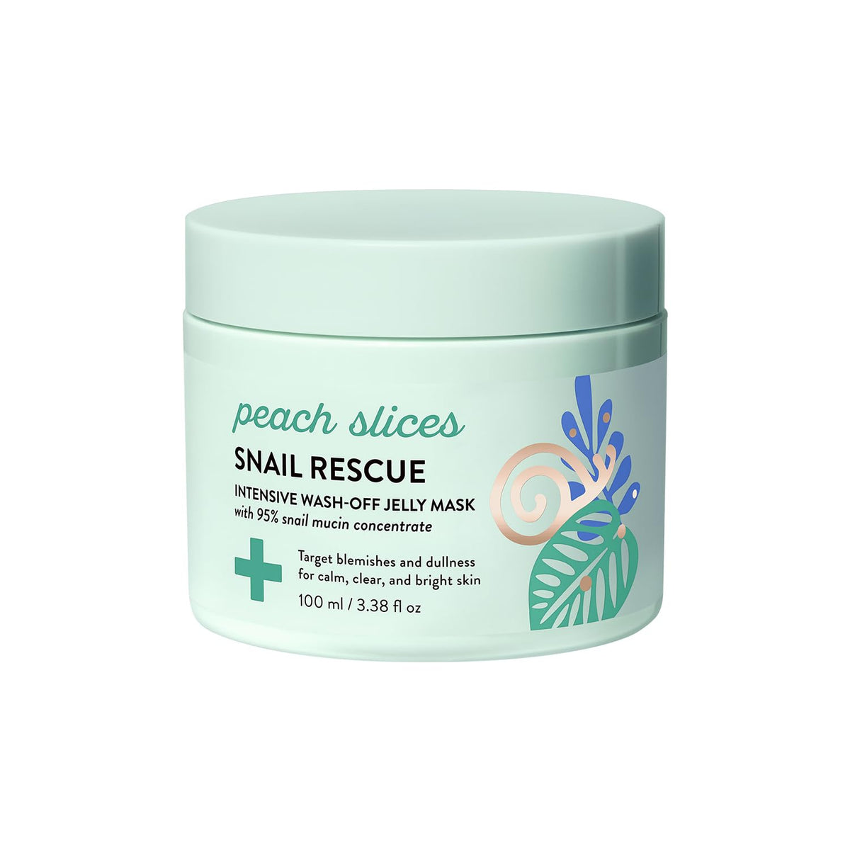 Peach Slices Snail Rescue mask jar closeup showing jelly texture for hydration and glow.