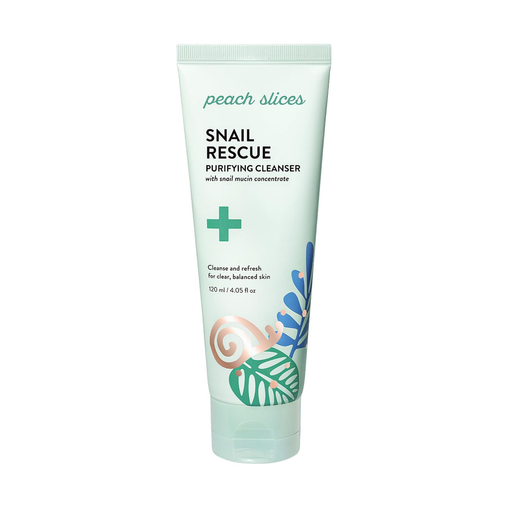 Peach Slices Snail Rescue Purifying Cleanser bottle promotes balanced, refreshed skin.