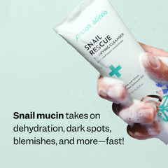 Peach Slices Snail Rescue Purifying Cleanser label highlights snail mucin and K-beauty botanicals.