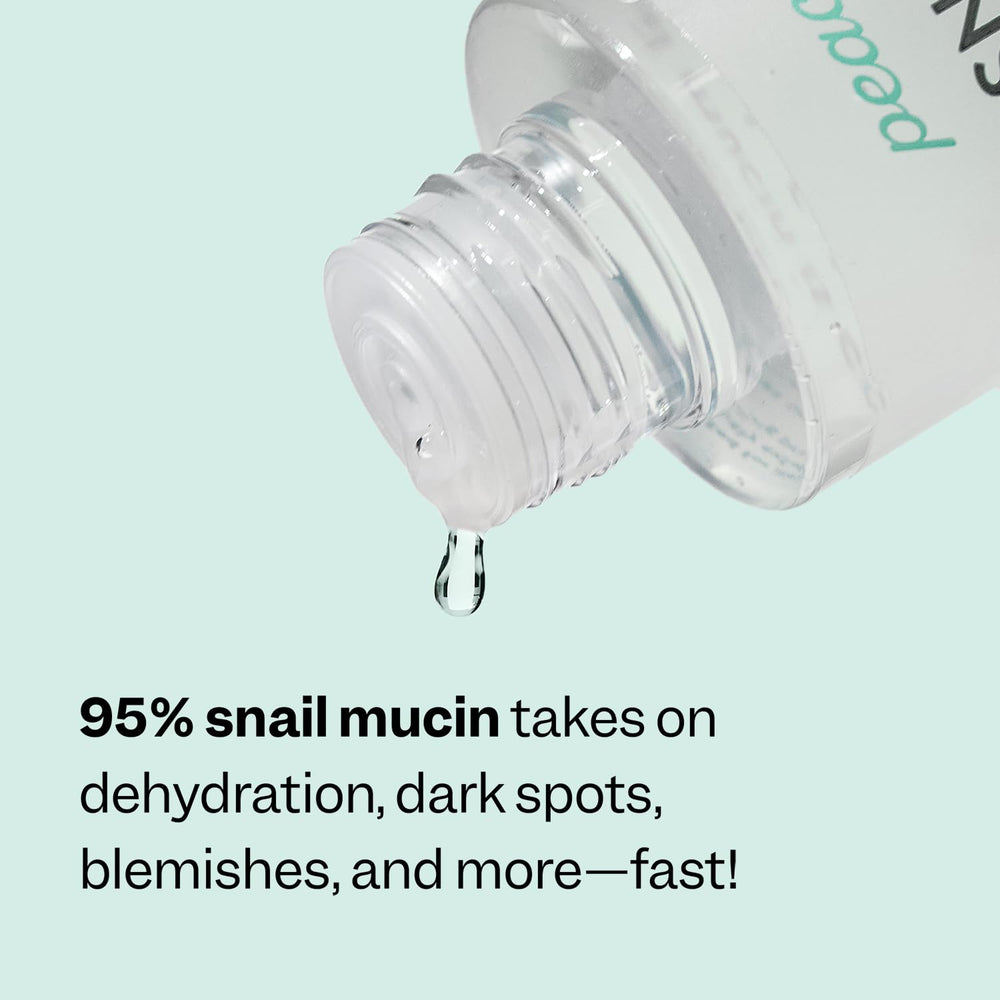 Peach Slices Snail Rescue Toner drop near fingertips signals refreshing sensation