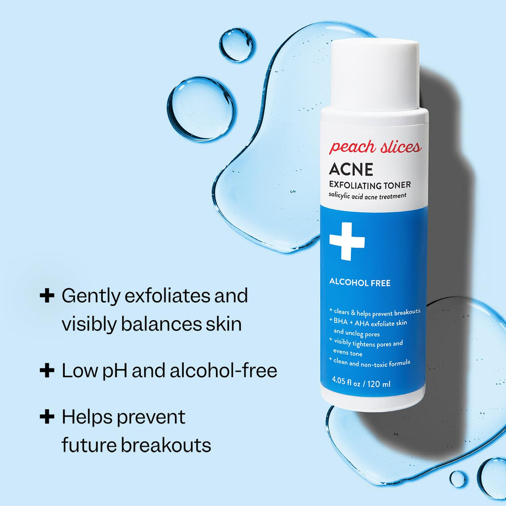 Peach Slices toner application, showcasing its gentle exfoliation for treating blemishes effectively.