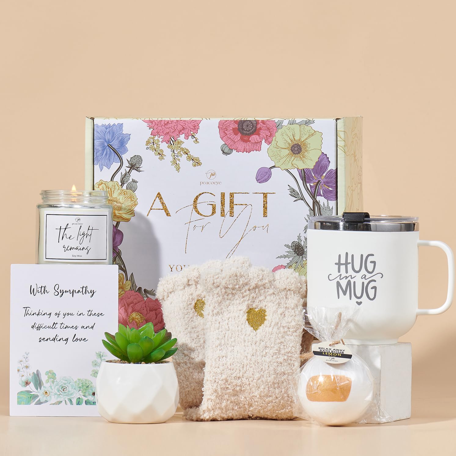 Peacoeye hug mug shown for warm, comforting moments.