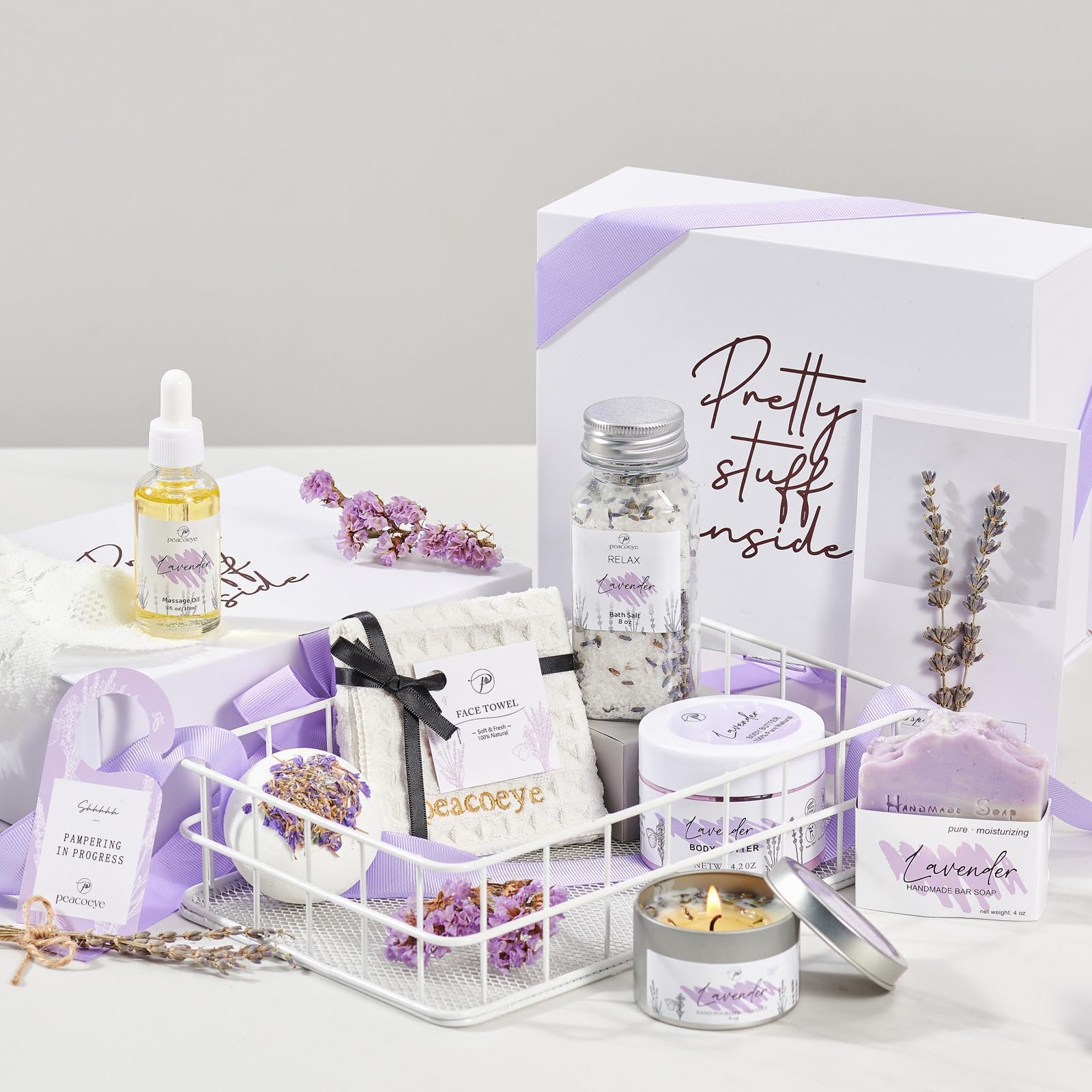 Peacoeye Lavender Spa Gift Set lavender candle close-up highlighting relaxing aroma.