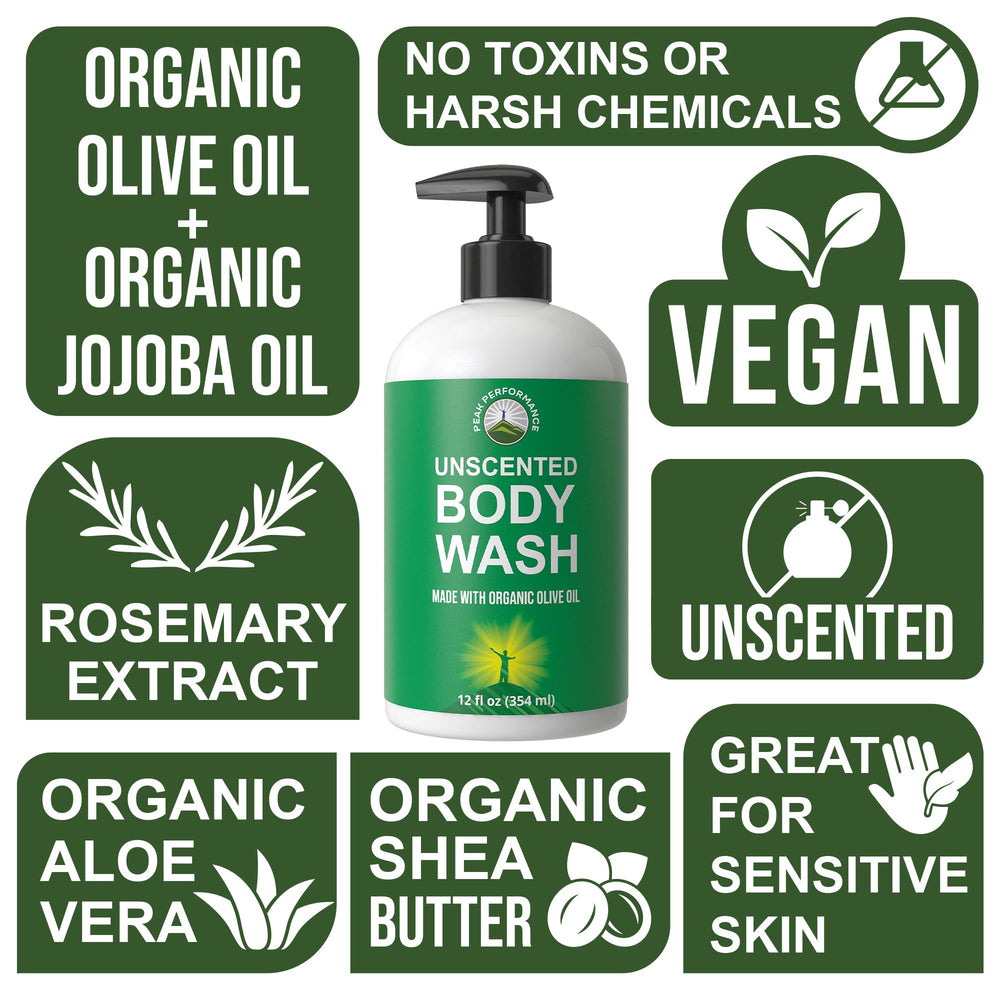 Peak Performance Ultra Pure Unscented Body Wash aloe juice pour demonstrates soothing, nourishing cleansing.