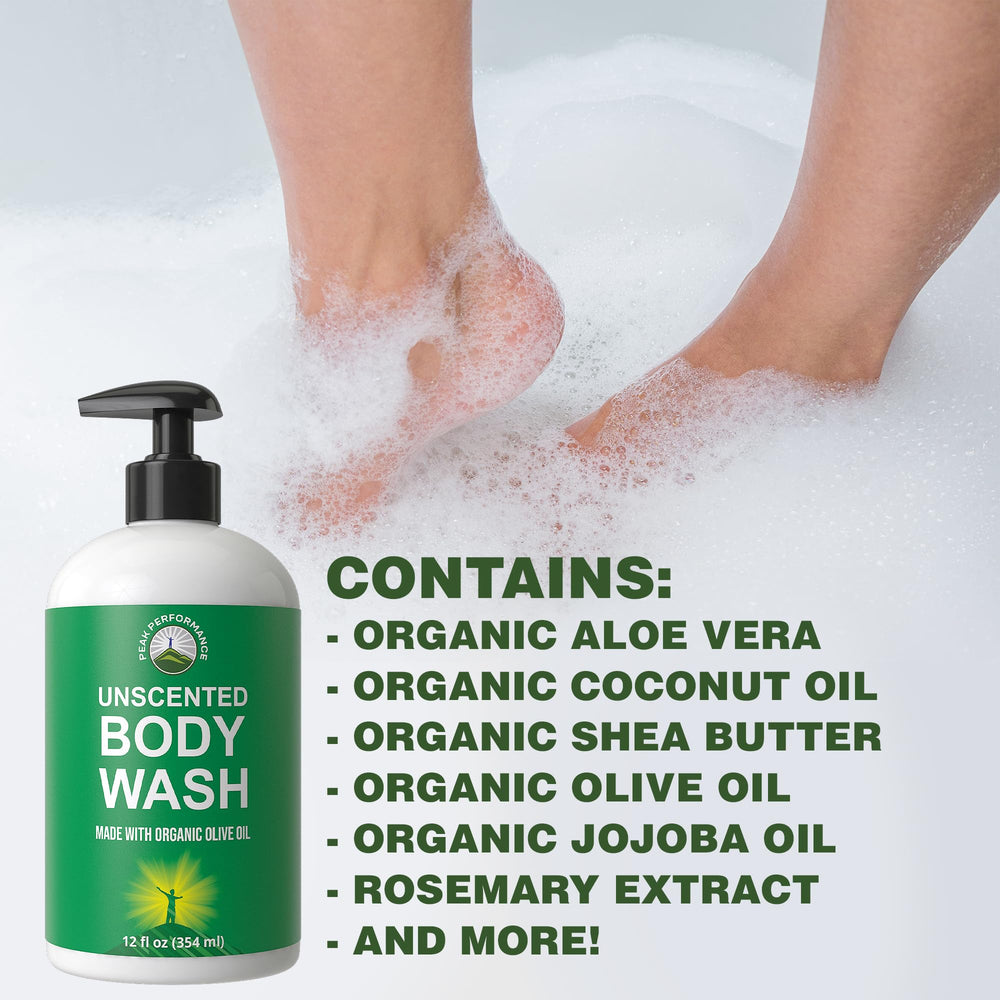 Peak Performance Ultra Pure Unscented Body Wash jojoba oil drop emphasizes delicate moisture for skin.