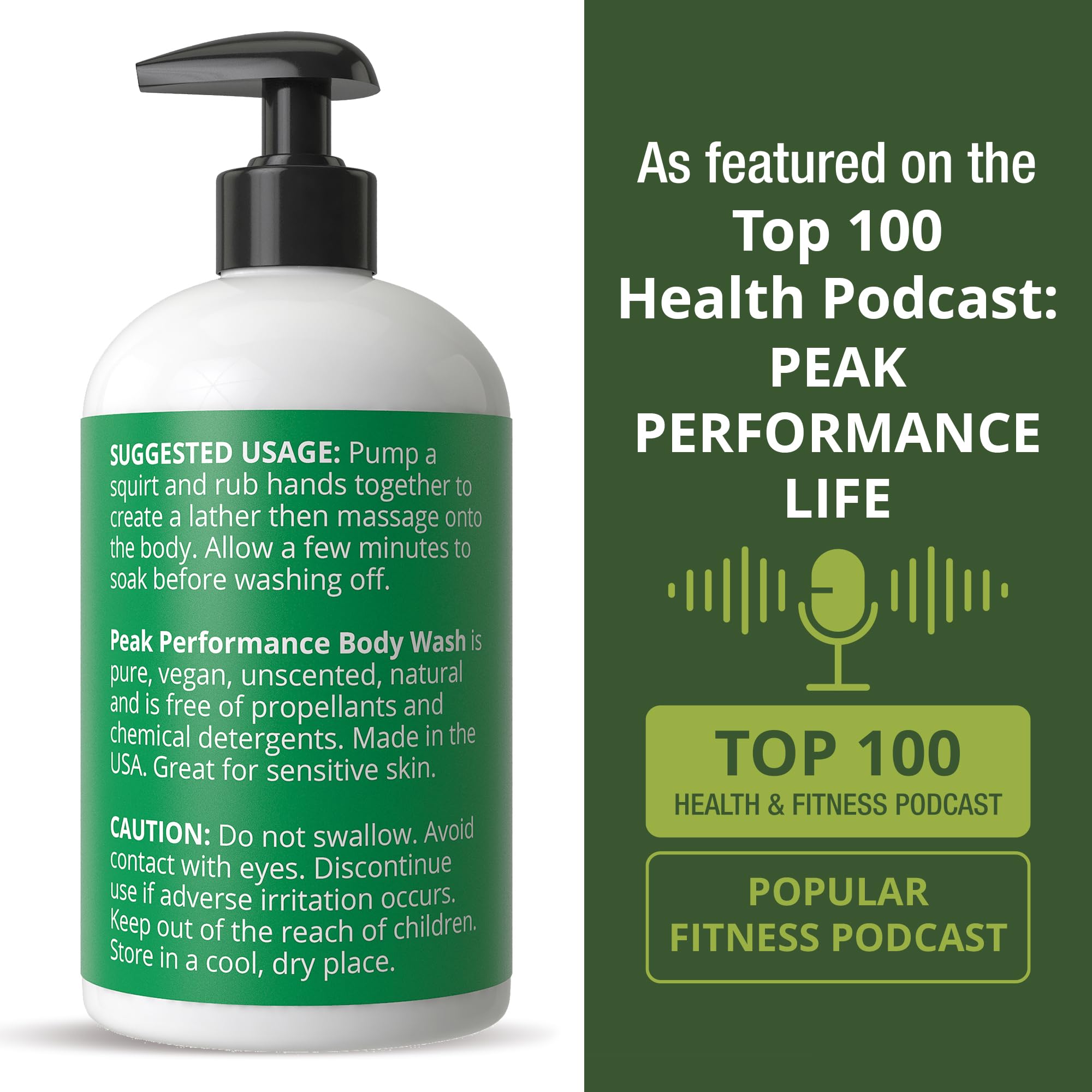 Peak Performance Ultra Pure Unscented Body Wash vegan formulation label communicates toxin-free care.