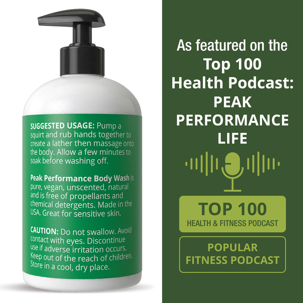Peak Performance Ultra Pure Unscented Body Wash vegan formulation label communicates toxin-free care.