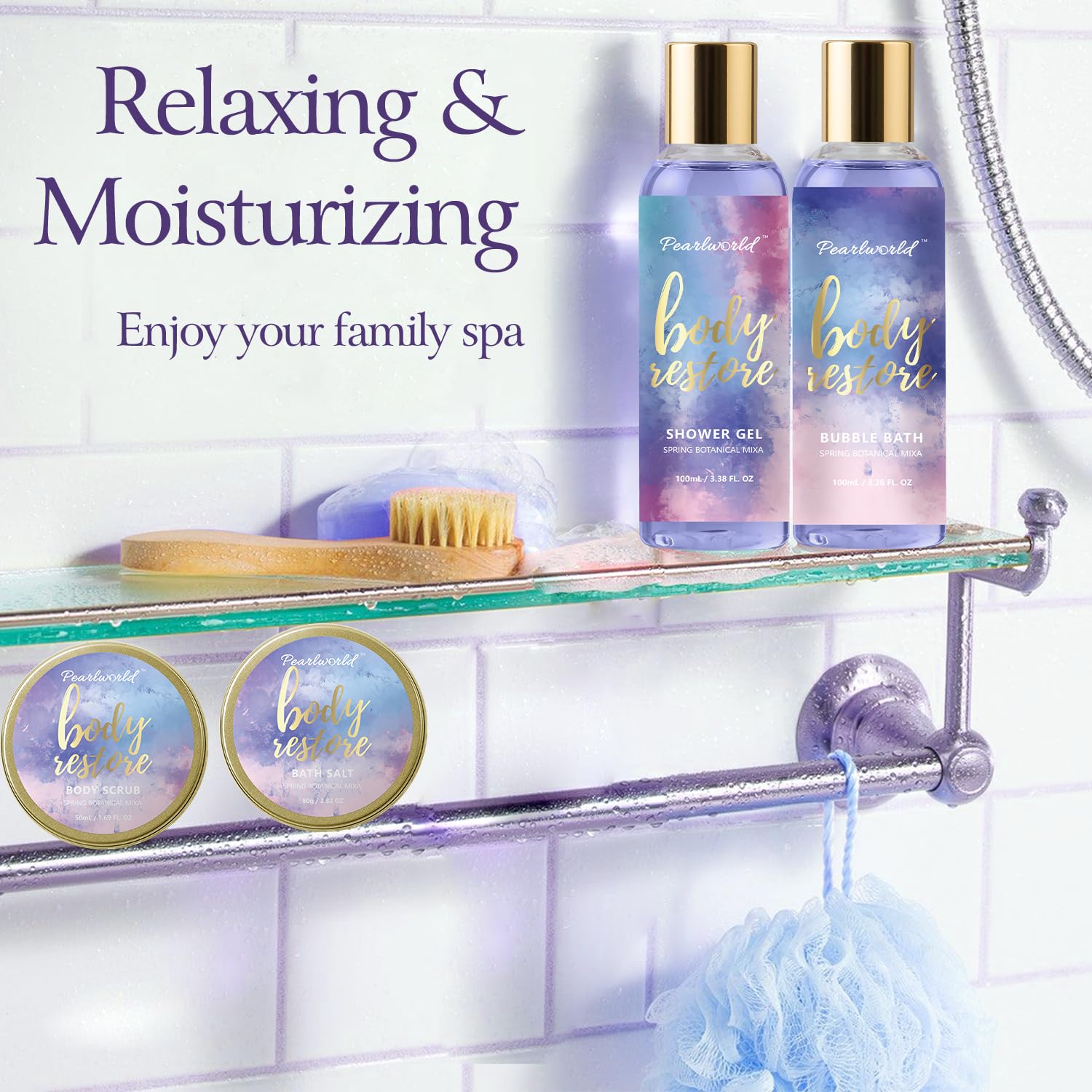 PEARLWORLD spa kit bath oil nourishes skin with a gentle, soothing aroma.