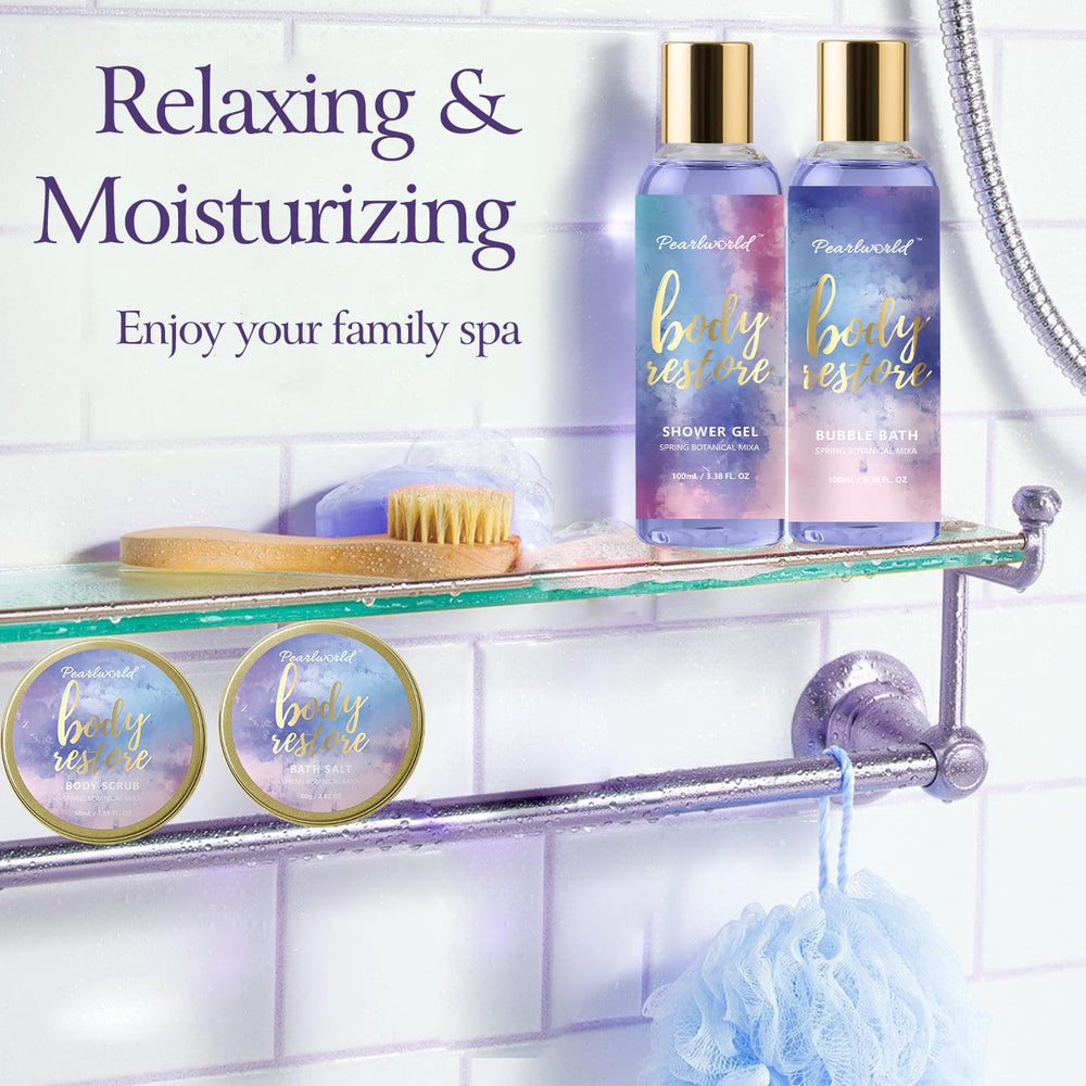 PEARLWORLD spa kit bath oil nourishes skin with a gentle, soothing aroma.