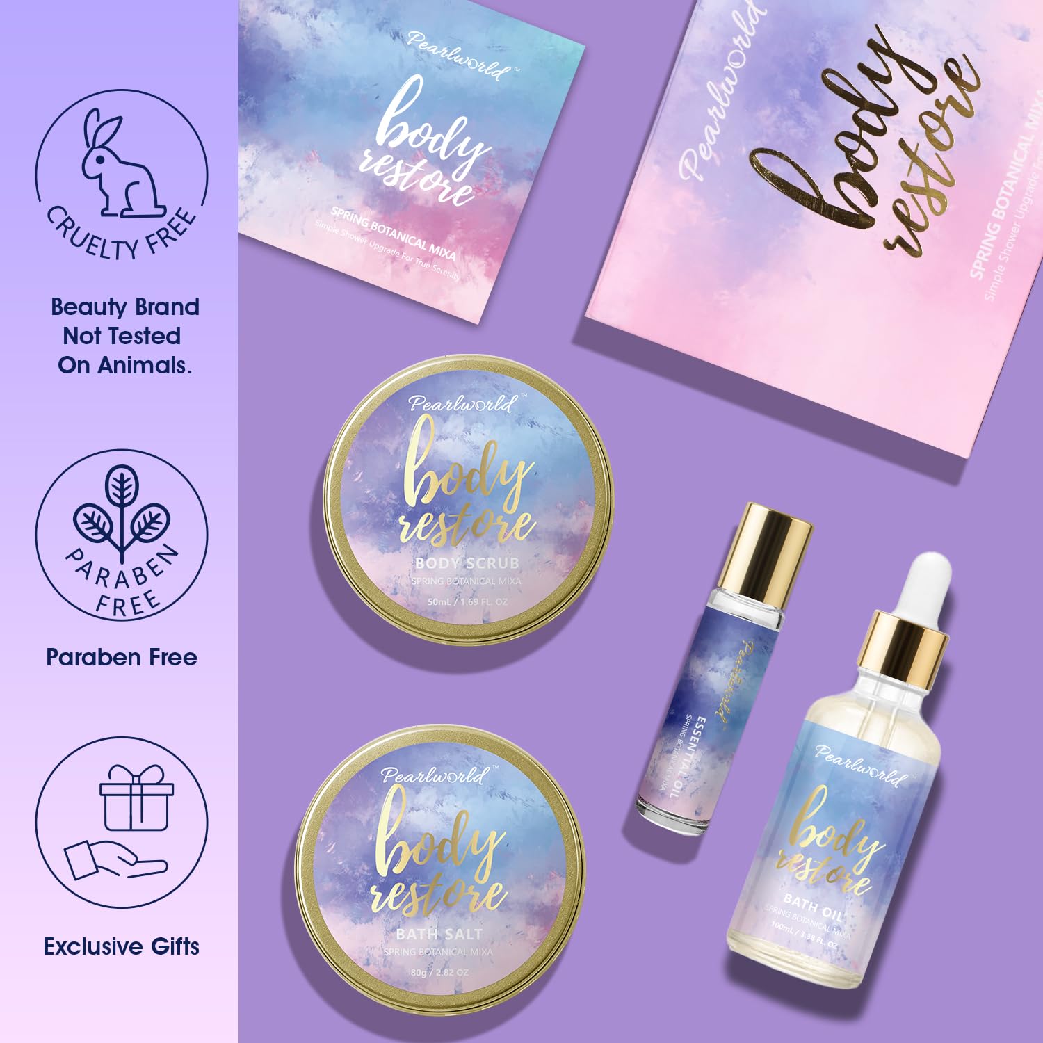 PEARLWORLD spa kit bath salts soften skin and soothe muscles during a soak.