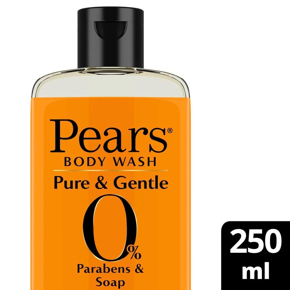 Pears shower gel label close-up showcases natural oils infusion for soft, refreshed skin.