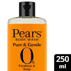Pears shower gel label close-up showcases natural oils infusion for soft, refreshed skin.