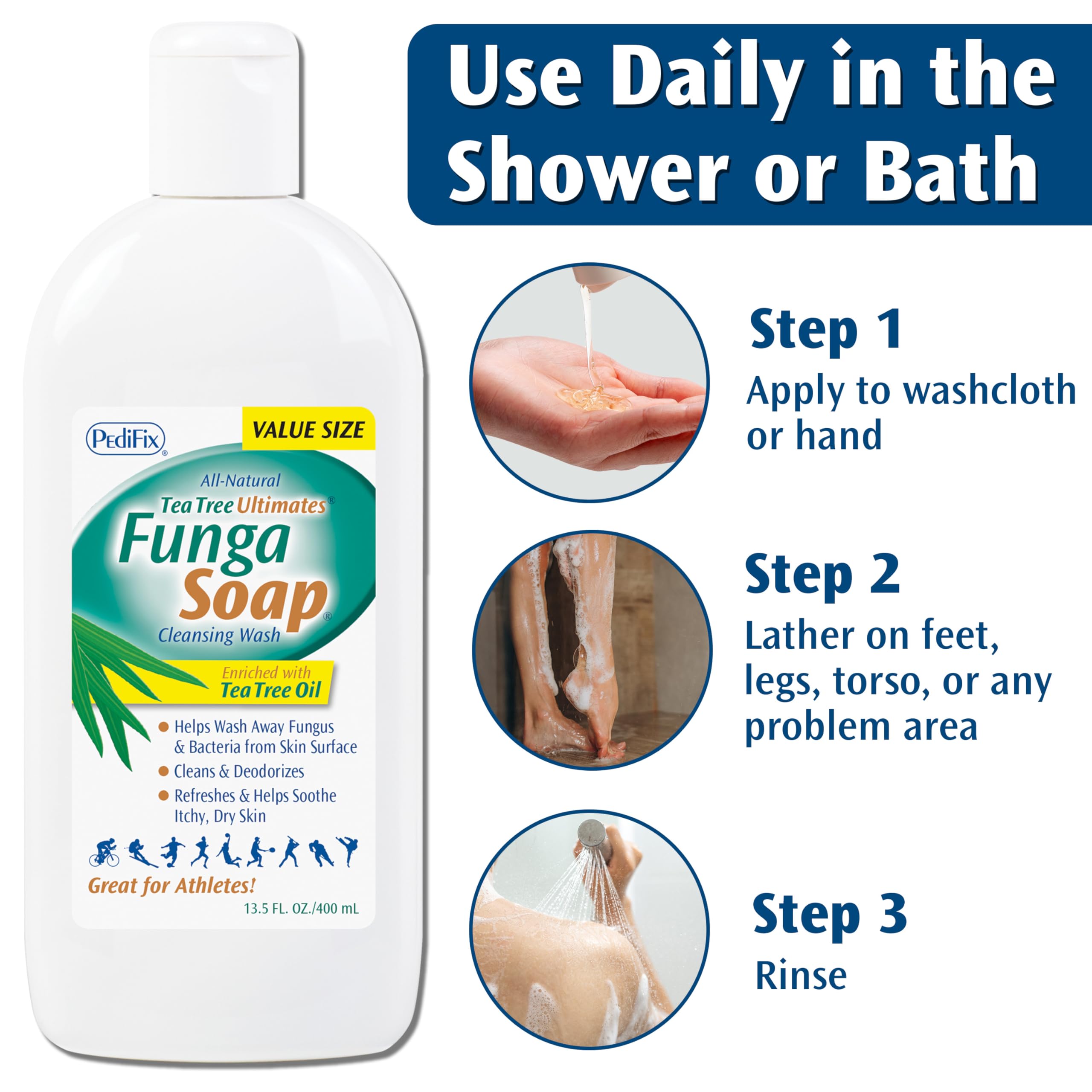 Pedifix FungaSoap foot-cleanser image emphasizes targeted foot hygiene after workouts.