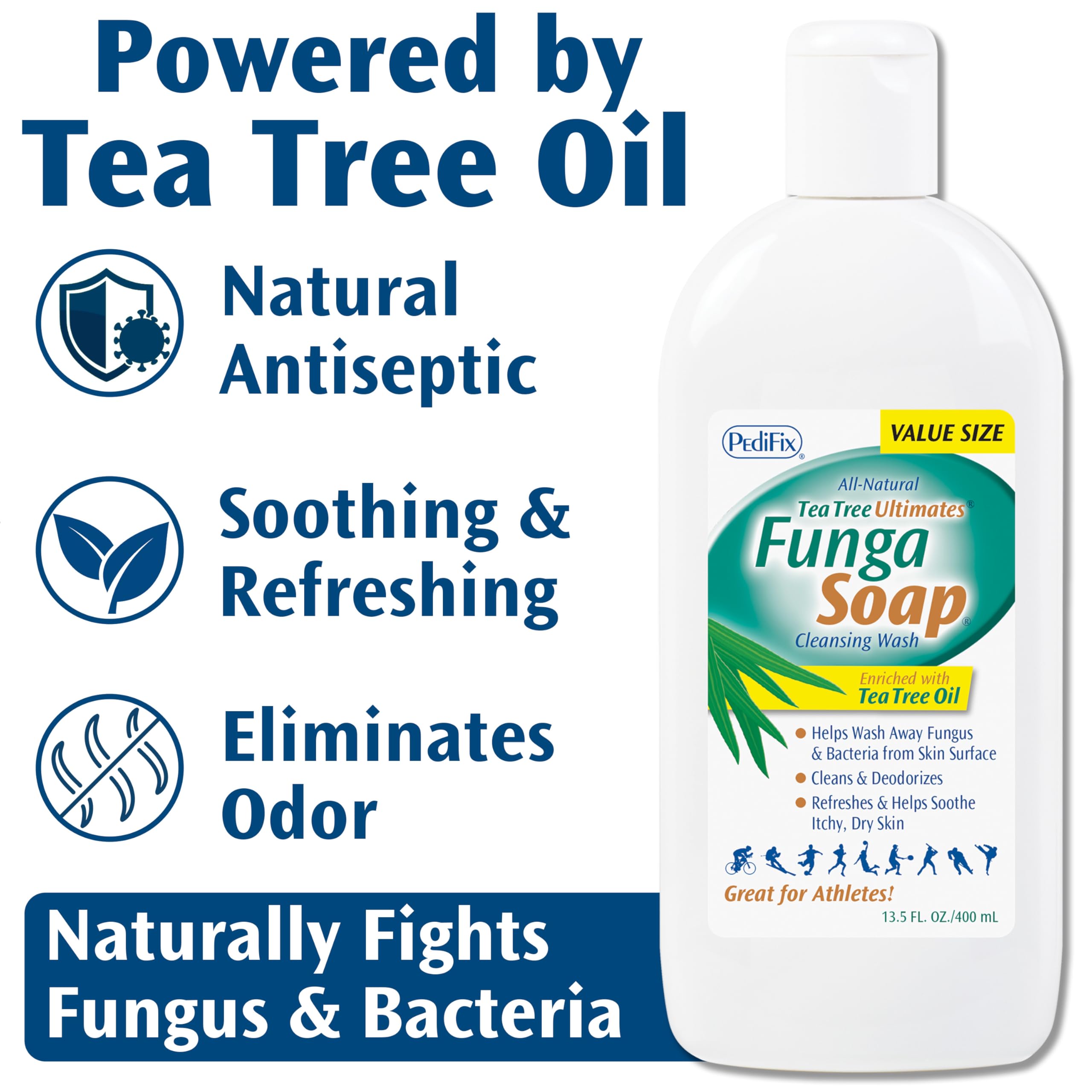 Pedifix FungaSoap pump demonstrates easy, quick cleansing and odor control after activity.