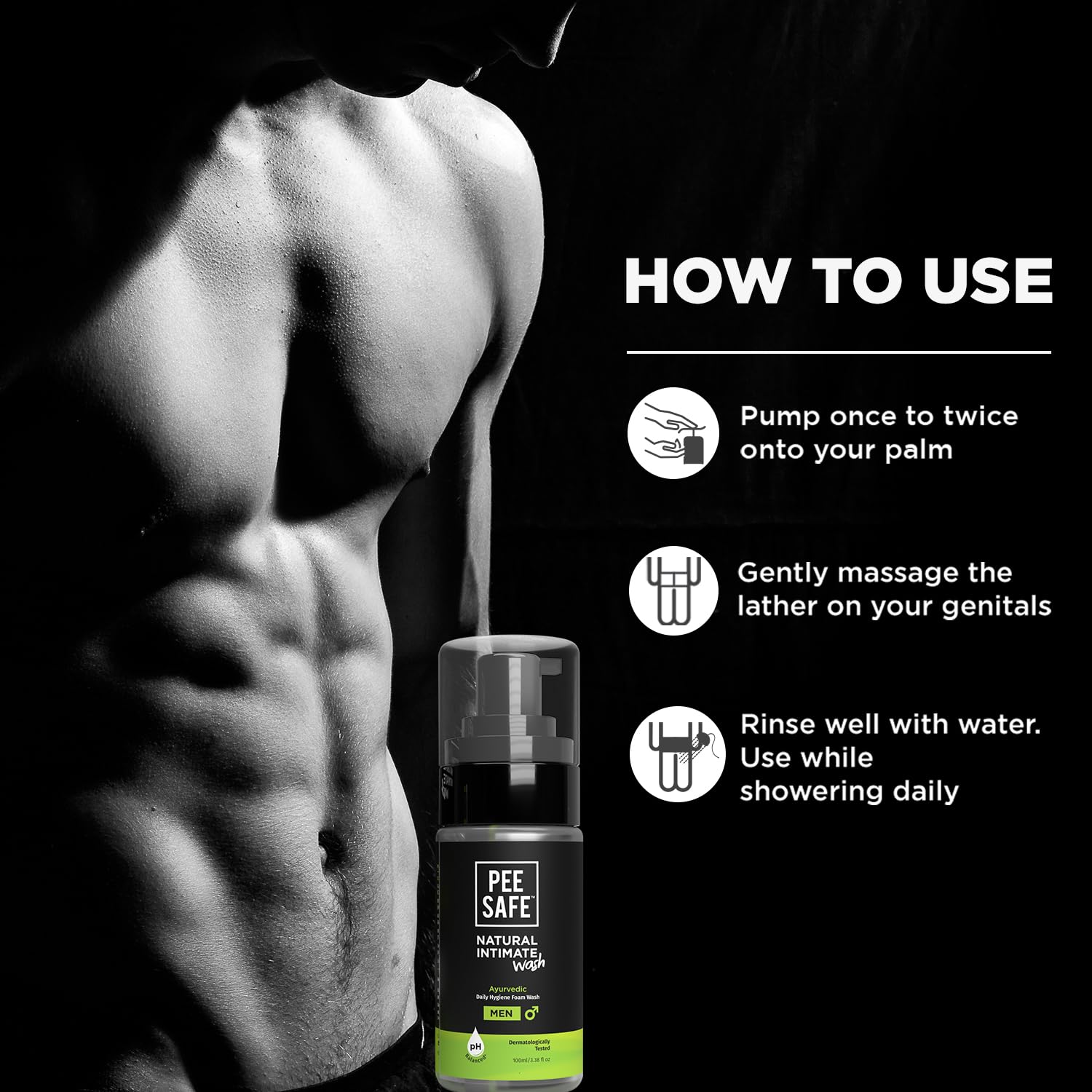 Pee Safe Mens Intimate Wash ingredient details on packaging.