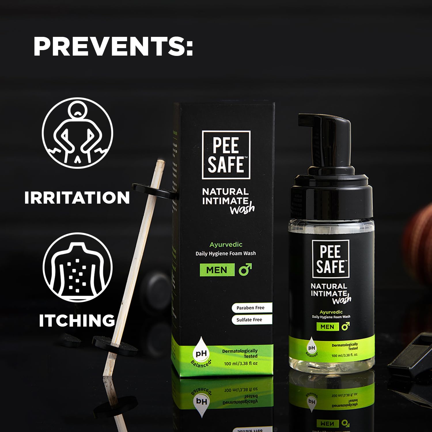 Pee Safe Mens Intimate Wash pH balanced formula label closeup.