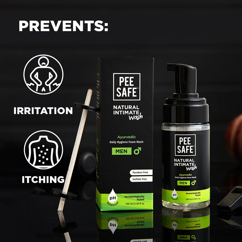 Pee Safe Mens Intimate Wash pH balanced formula label closeup.