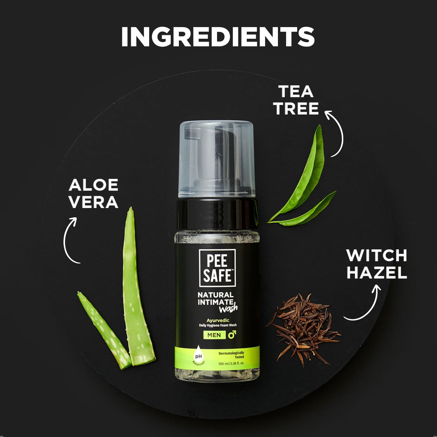 Pee Safe Mens Intimate Wash tea tree essential oil presence for refreshing feel.