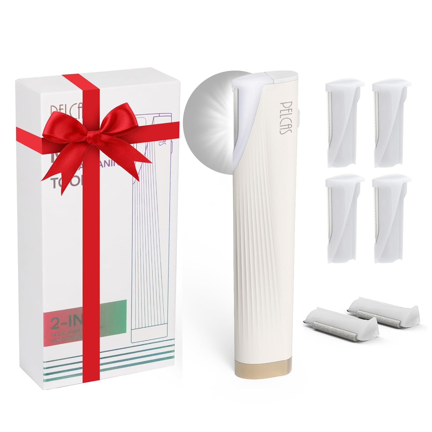 Pelcas electric dermaplaning tool with LED light, front view, for precise facial prep.