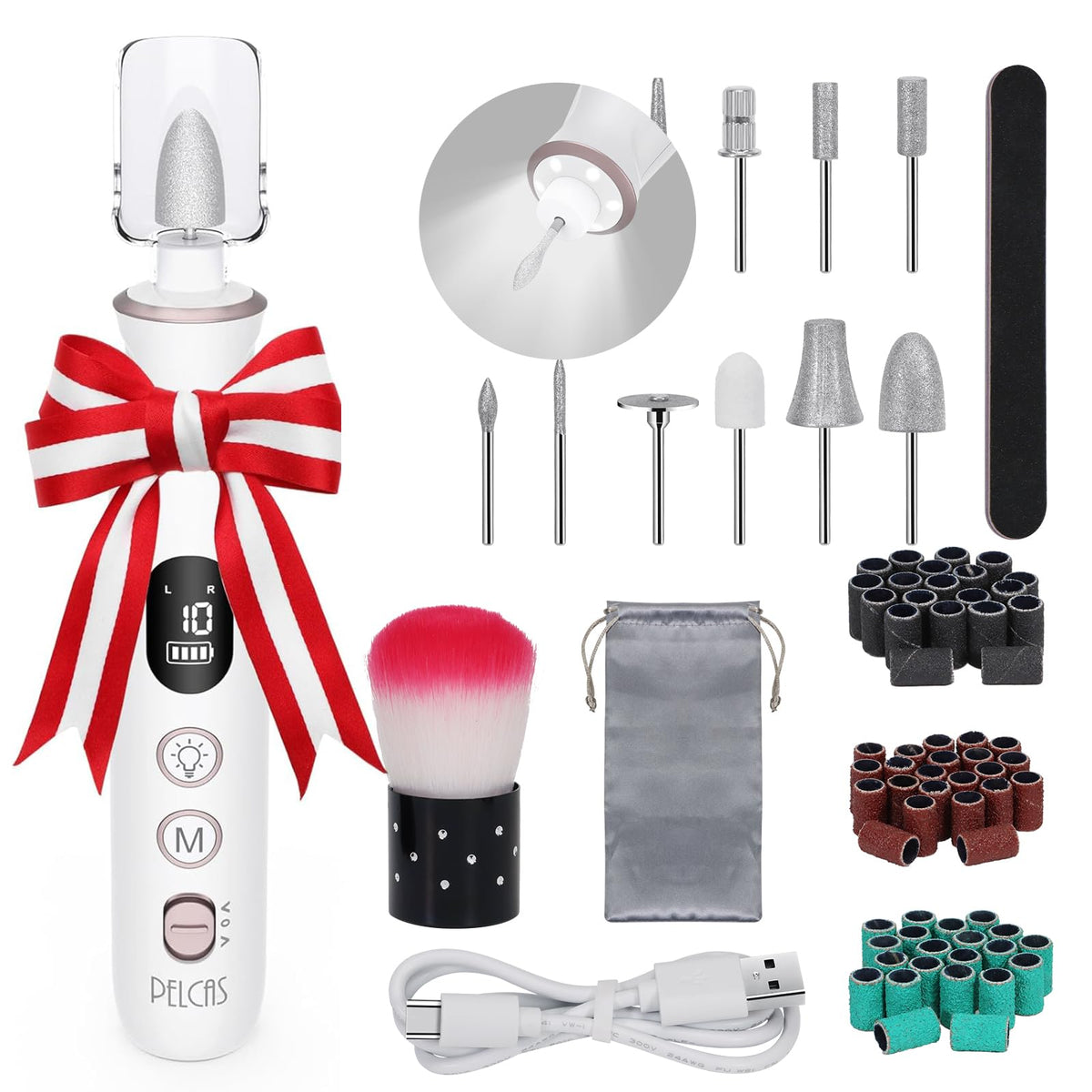 PEL CAS electric nail file with LED light enables precise at-home manicures.