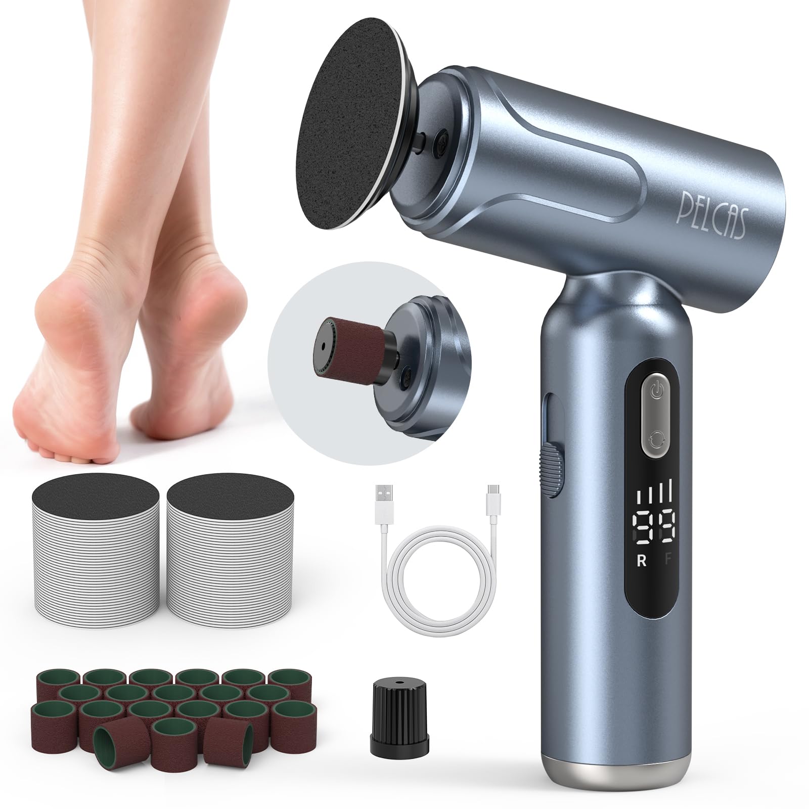 Pelcas electric foot file gun-shaped design for precise control.