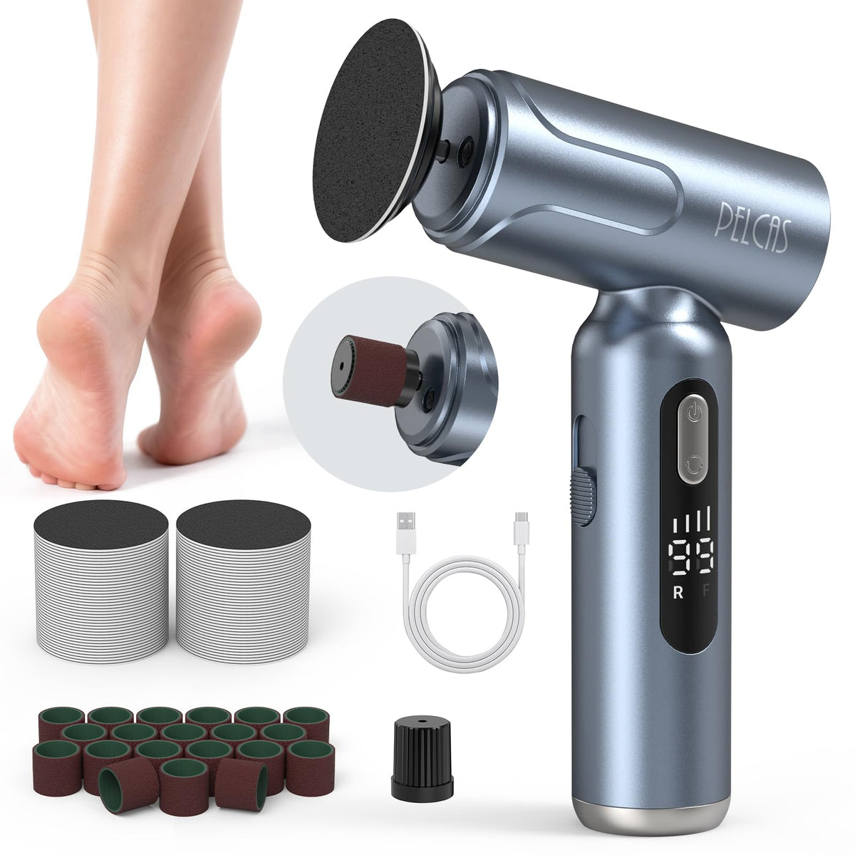 Pelcas electric foot file gun-shaped design for precise control.
