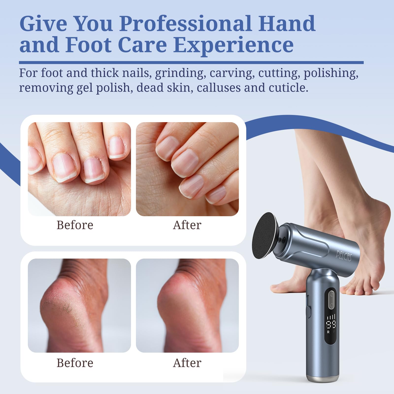 Pelcas LED screen displays speed and battery for precise pedicures.
