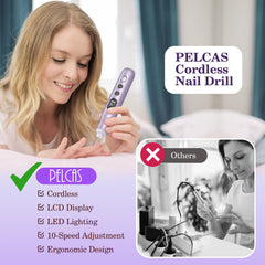 Pelcas nail drill LCD display shows speed, power, and direction for control.