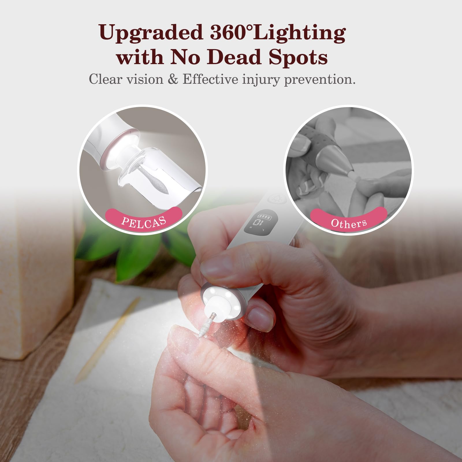 PEL CAS nail file shows adjustable speed and power on LCD for control.