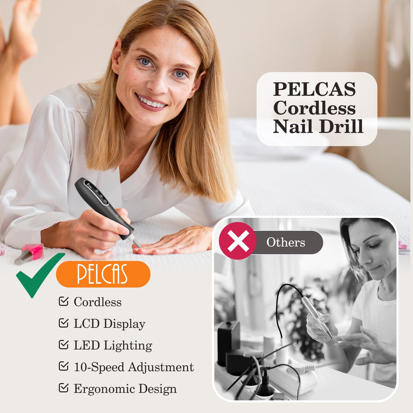 PEL CAS LED nail drill provides 360-degree illumination for accurate polishing