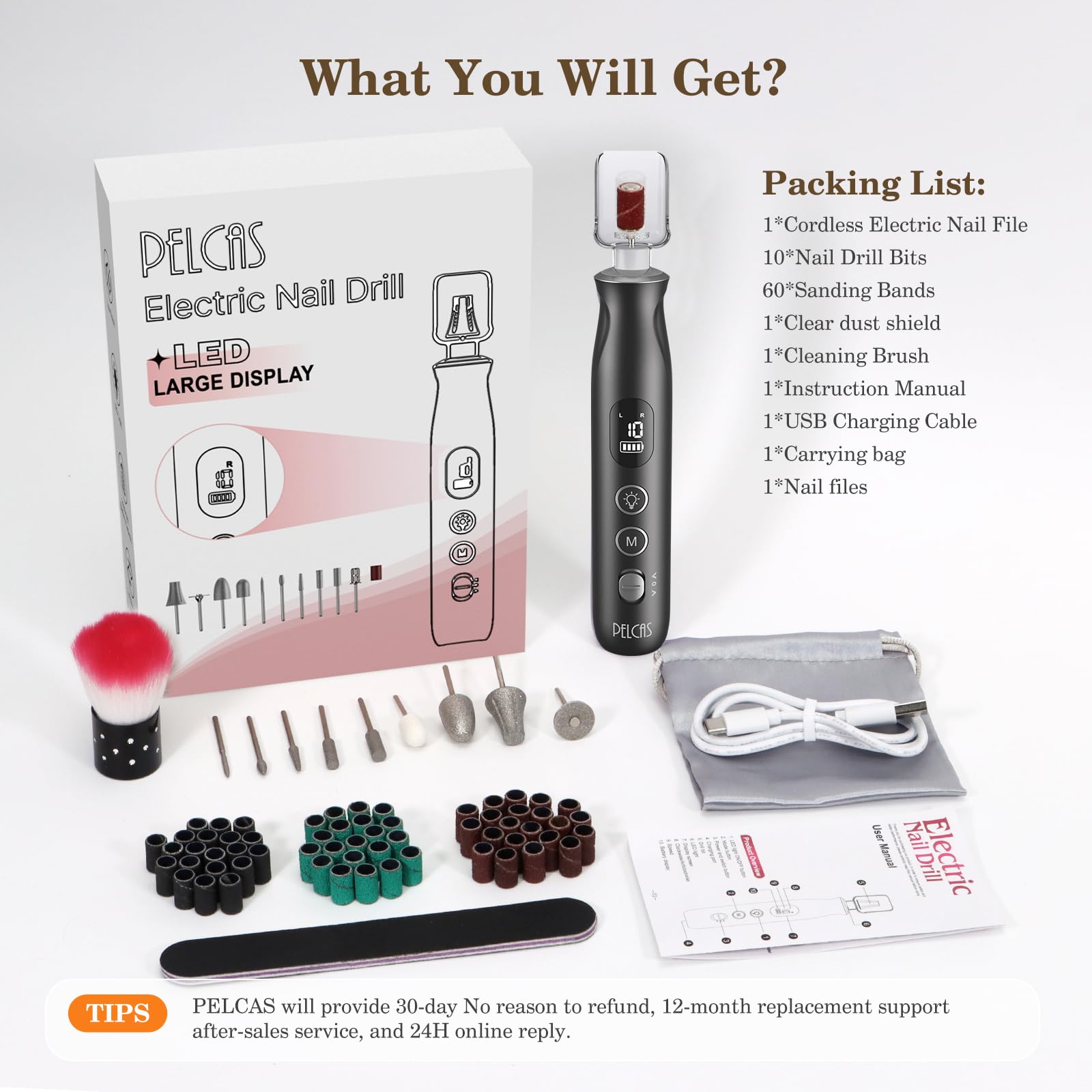 pelcas usb charging cable powers the cordless grinder on the go.