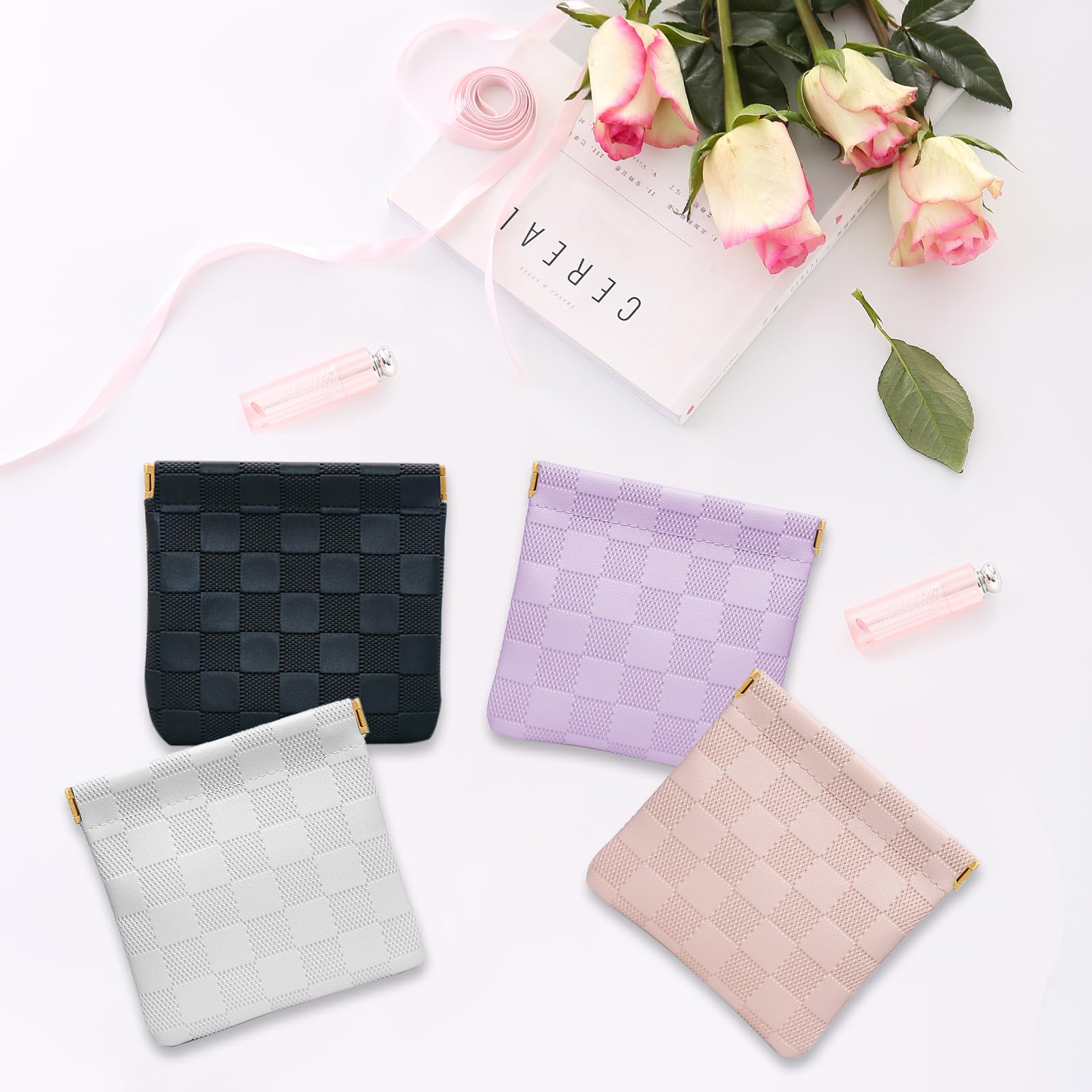 PENGJINYU small makeup bag beige grid design, tidy everyday organization.