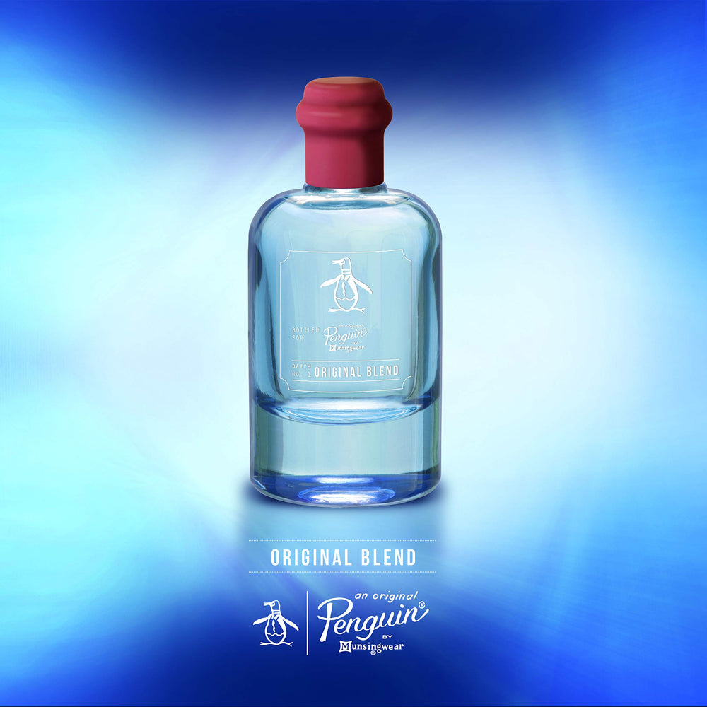Penguin Original Blend bottle side view emphasizes versatile, office-friendly fragrance.